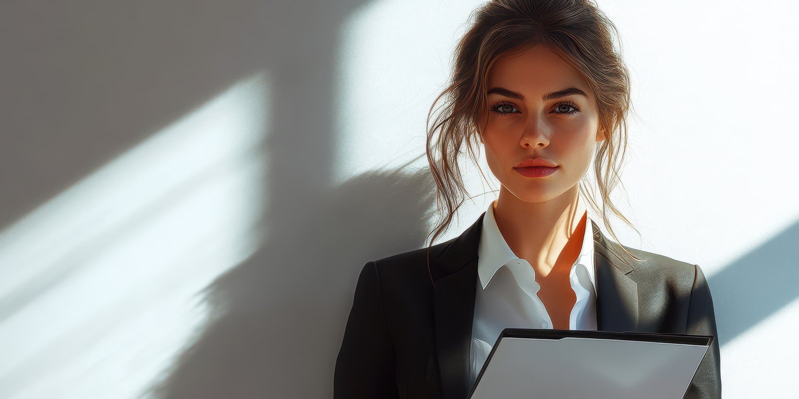 Business professional standing in a well-lit office holding a document while exuding confidence and focus